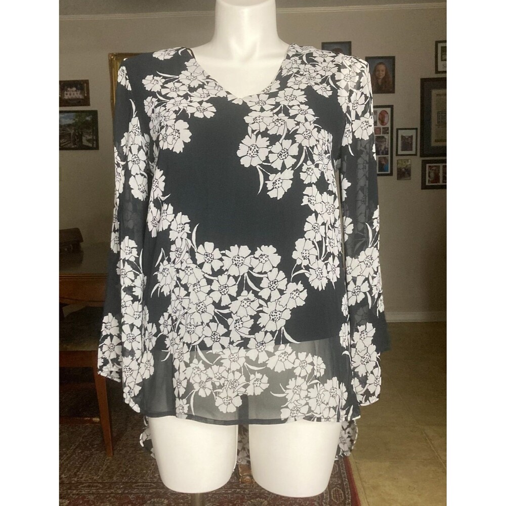 Vince Camuto Black White Floral Sheer Layered Hi Low Blouse Tunic Top M Boho Y2K